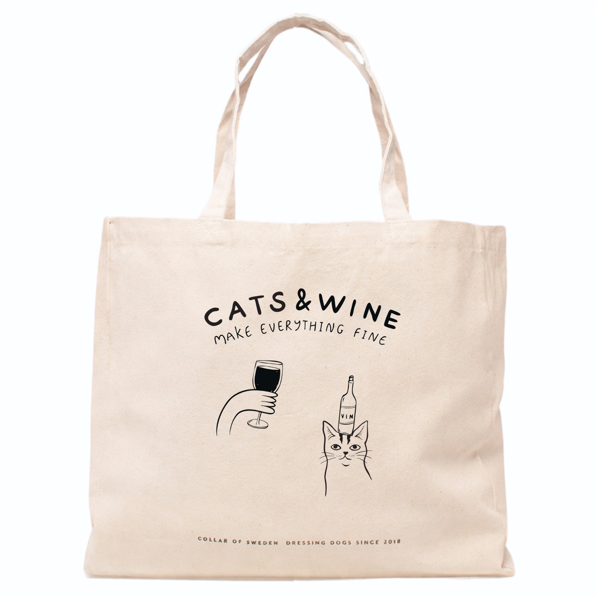 Beige tote bag with 'CATS & WINE MAKE EVERYTHING FINE' text and graphics on a white background