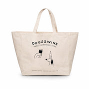 Beige large tote bag with 'DOGS & WINE MAKE EVERYTHING FINE' text and graphics on a white background