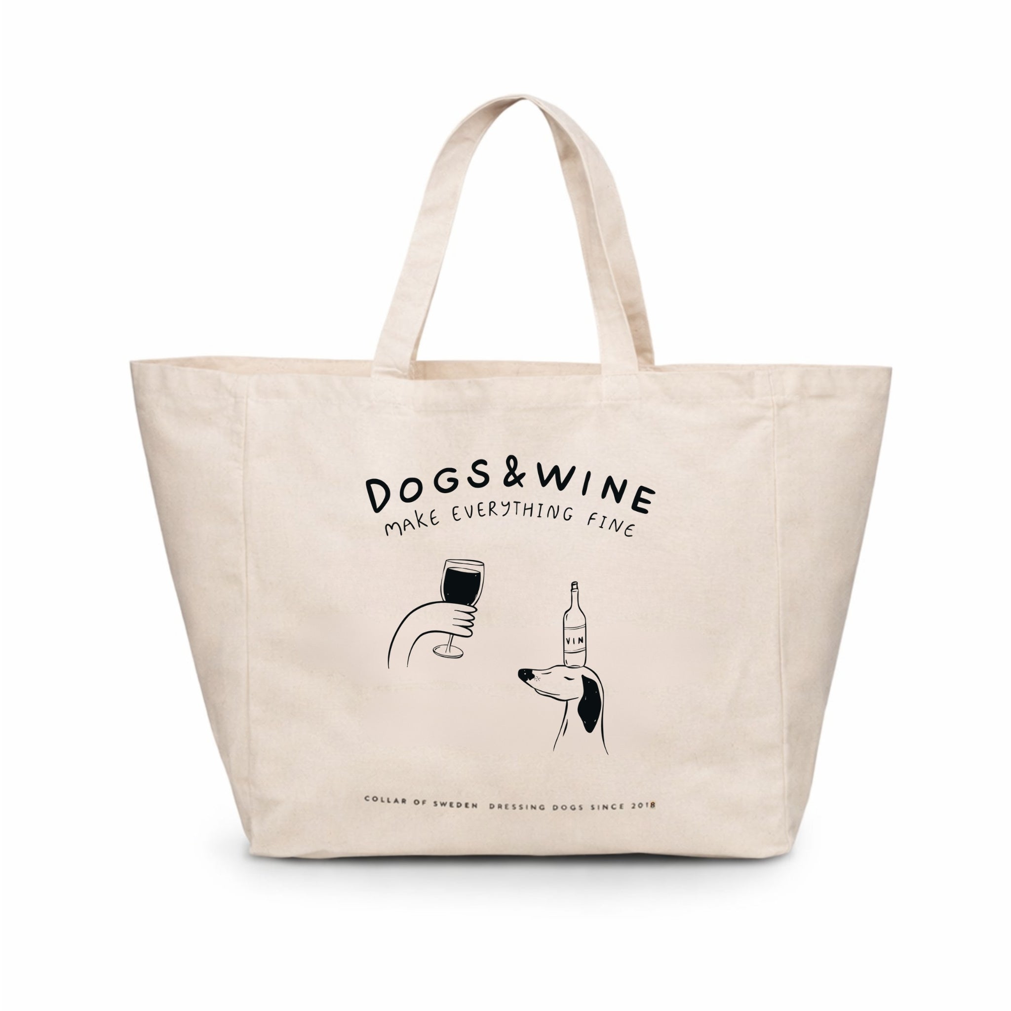Beige large tote bag with 'DOGS & WINE MAKE EVERYTHING FINE' text and graphics on a white background